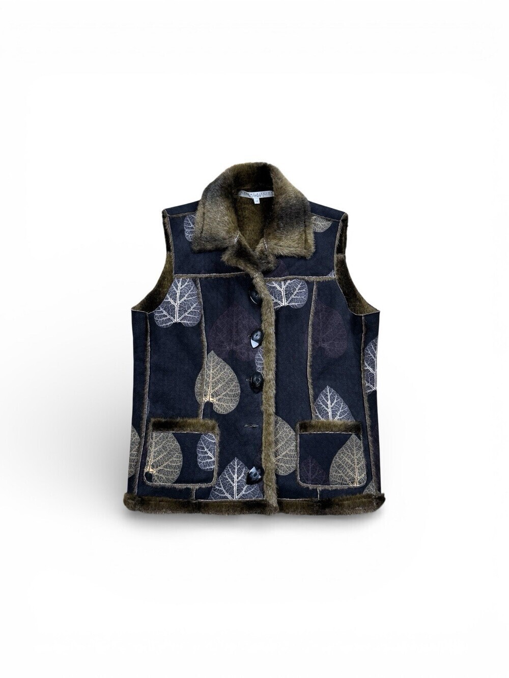 Robert Kitchen Canada VEST Leaves Faux Fur Women's Size L Blue Reversible
